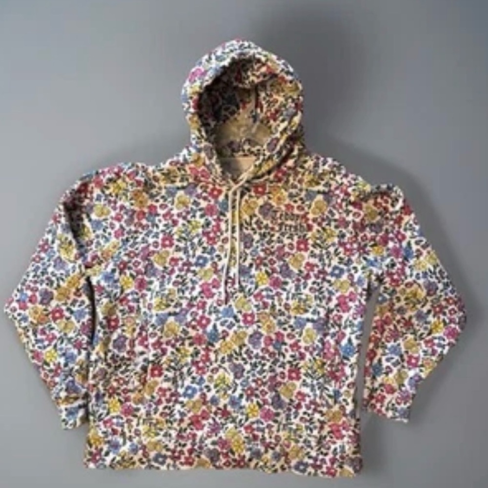 VTG Teddy Fresh Woman’s Floral White Grandma Hoodie Sz MED Pockets Patch Logo